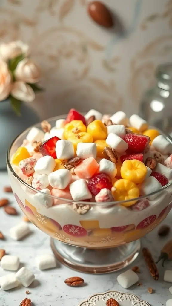 A colorful bowl of Nutty Ambrosia Salad with fruits, marshmallows, and nuts.
