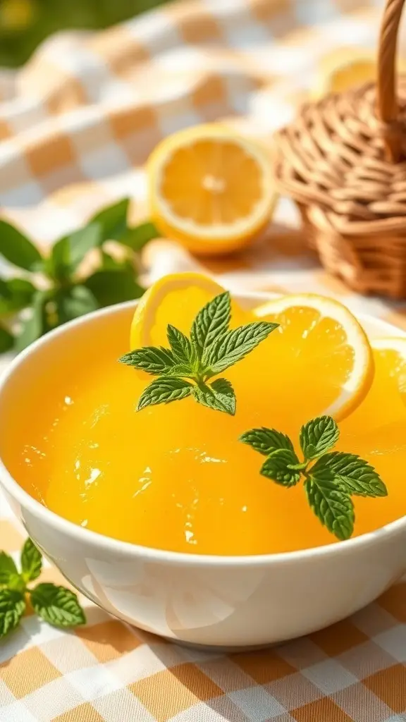 A bowl of Lemonade Jello Salad garnished with lemon slices and mint leaves.