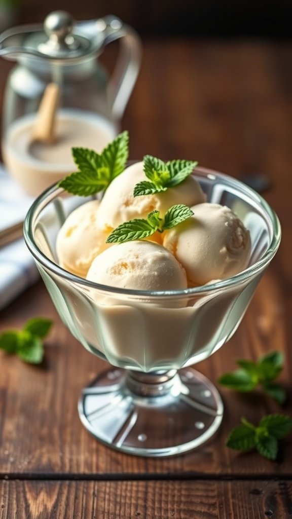 A bowl of classic vanilla ice cream garnished with mint leaves, showcasing the vintage style of 1920s desserts.