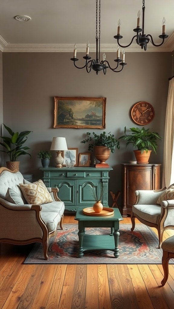 Cozy living room with vintage hand painted furniture, featuring a green side table, elegant armchairs, and plants.