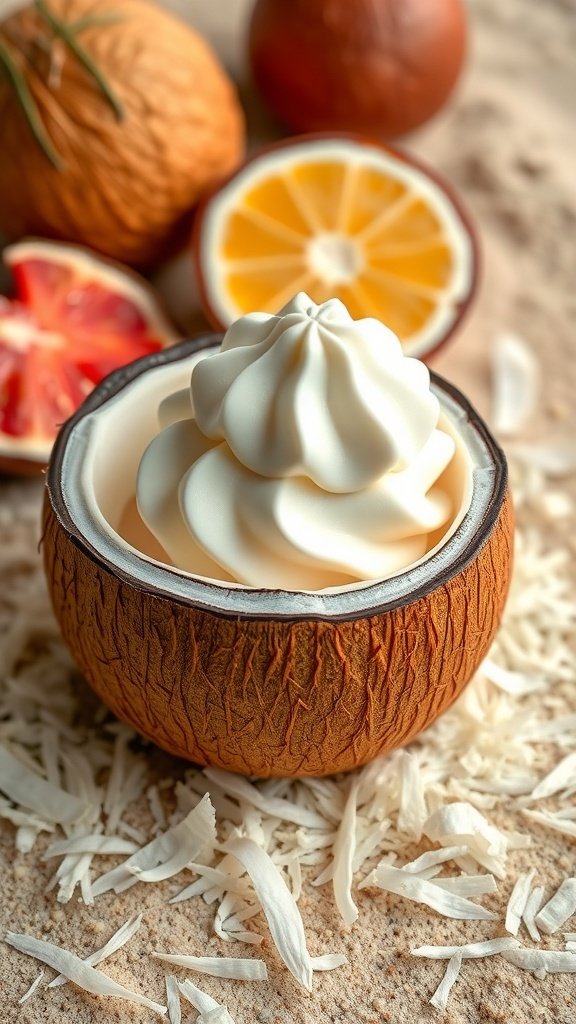 A coconut shell filled with whipped cream, surrounded by fresh fruits and shredded coconut.