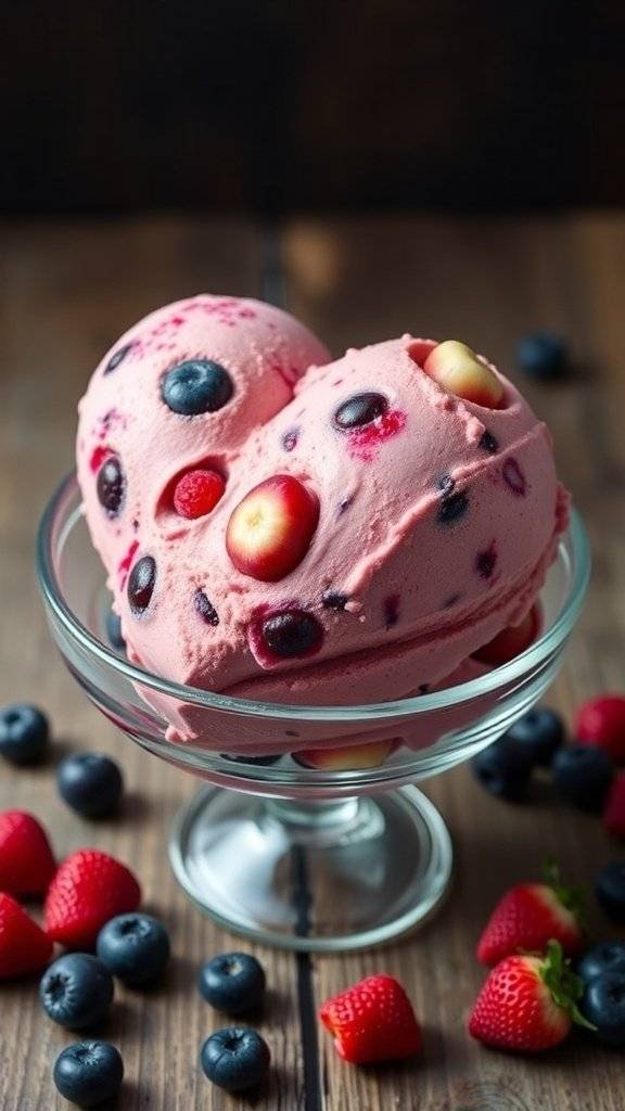 A bowl of mixed berry ice cream with fresh berries and mint leaves.