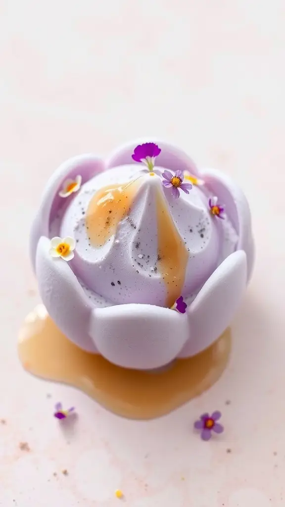 A bowl of honey lavender ice cream drizzled with honey and garnished with flowers.