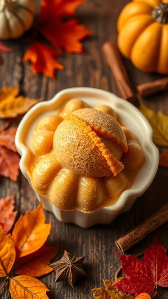 A pumpkin-shaped ice cream mold filled with pumpkin spice ice cream, surrounded by autumn leaves and cinnamon sticks.