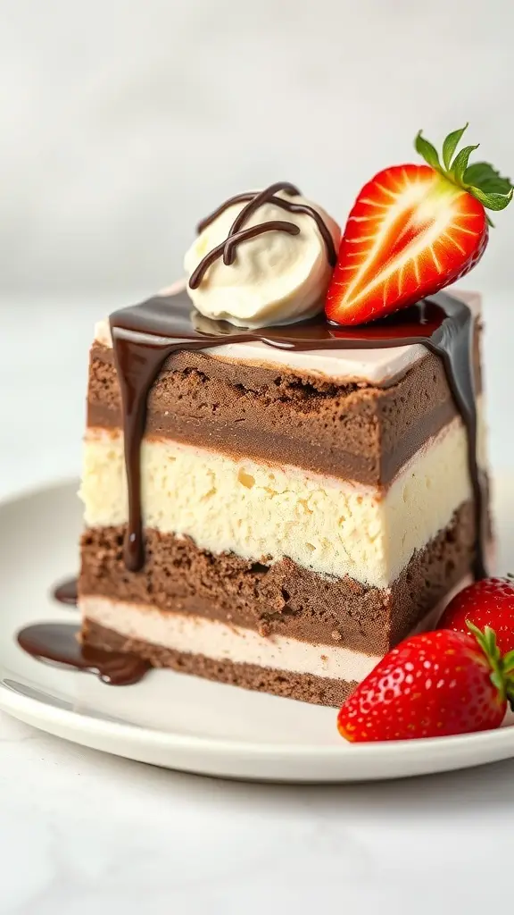 A slice of Neapolitan ice cream layered with chocolate, vanilla, and strawberry, topped with whipped cream and a fresh strawberry.