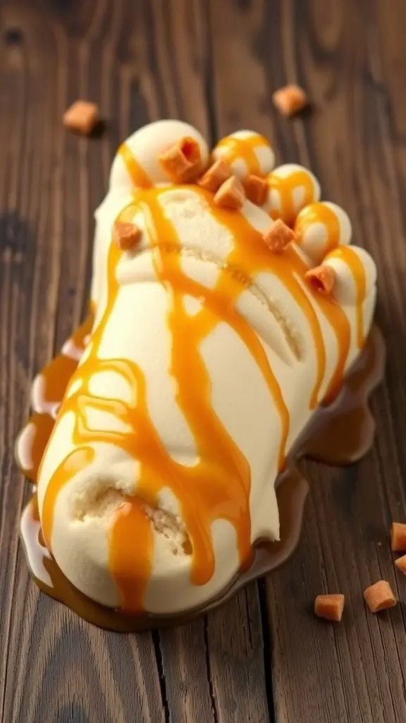 A bowl of butterscotch ice cream drizzled with caramel sauce and topped with crunchy bits.