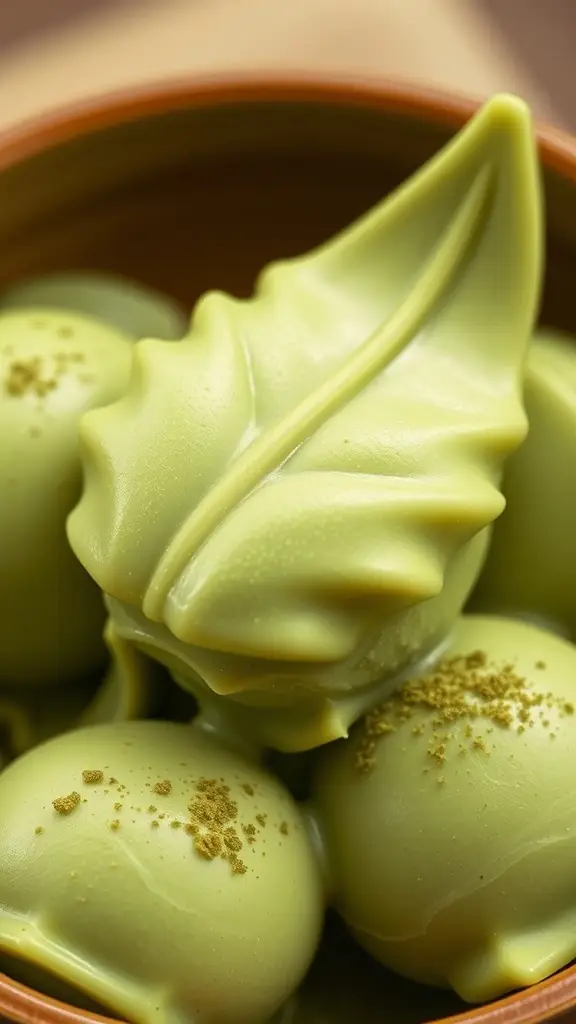 Matcha green tea ice cream in a decorative bowl with scoops and matcha powder sprinkled around.