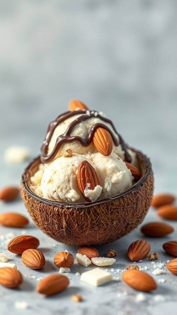 Almond Joy ice cream in a coconut shell topped with almonds and chocolate drizzle.