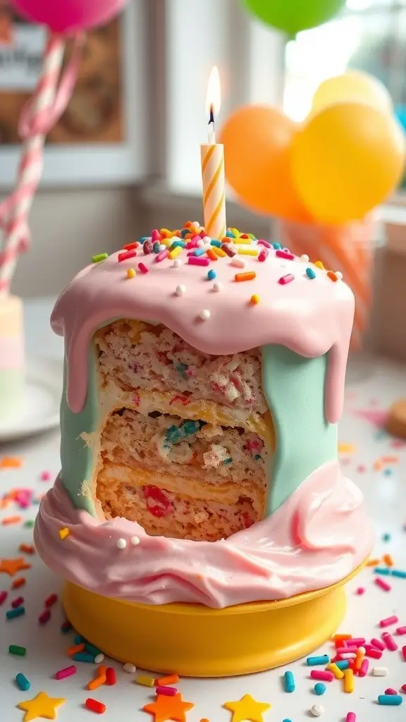 A colorful birthday cake ice cream mold with candles and sprinkles