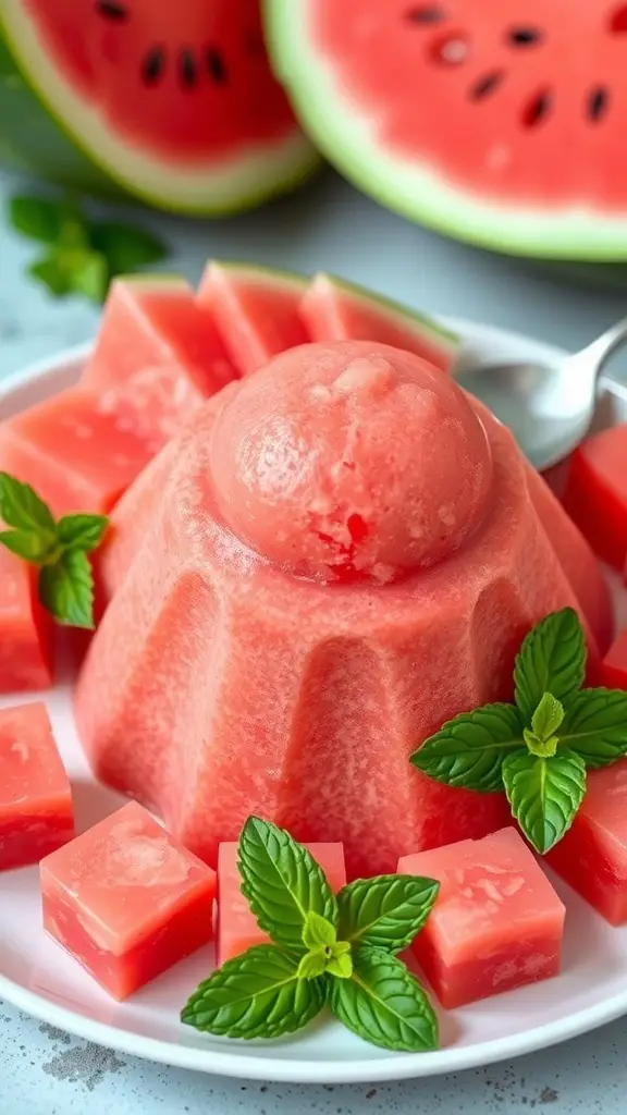 A beautifully molded watermelon sorbet with mint leaves on top, served on a white plate.