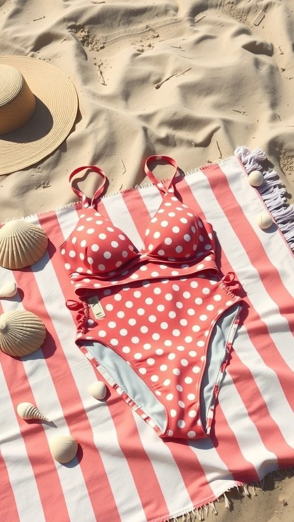A red polka dot bikini laid out on a beach towel with seashells and a sun hat.