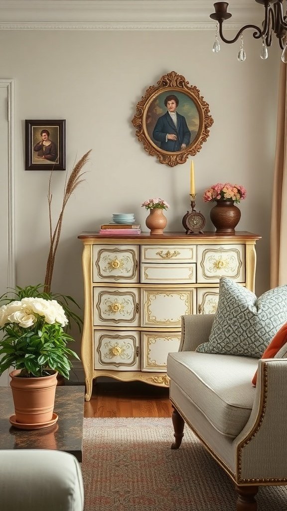 Before and after restoration of a vintage hand-painted furniture piece