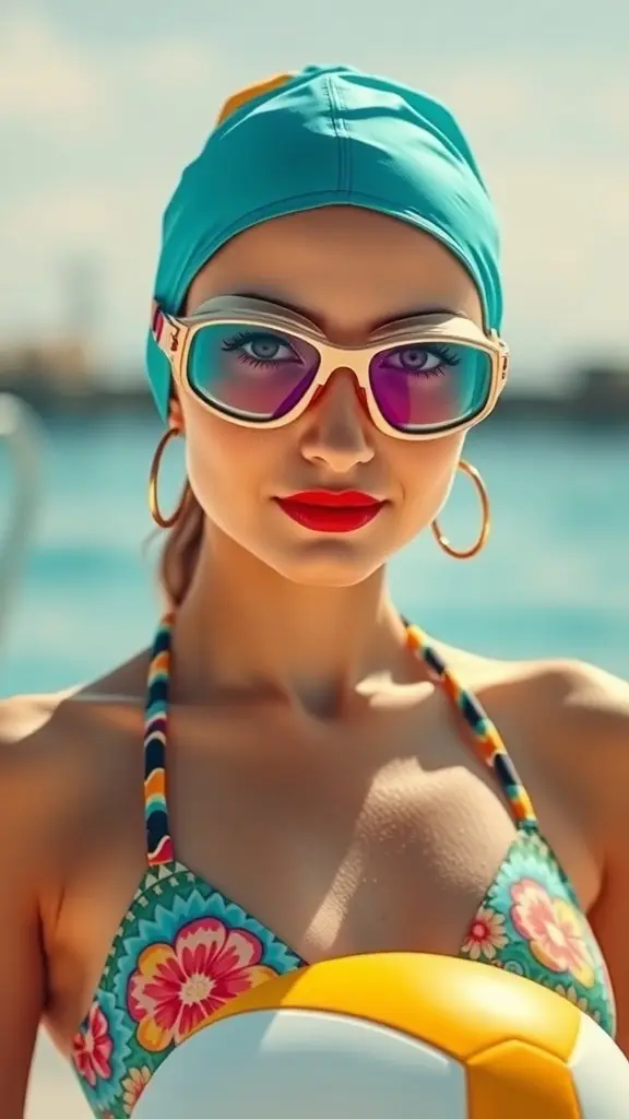 Colorful swim caps, retro goggles, and a beach ball on sand