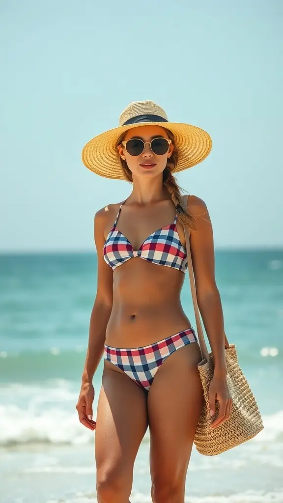 A woman in vintage swimwear with a checkered pattern, wearing a straw hat and sunglasses, standing on the beach.