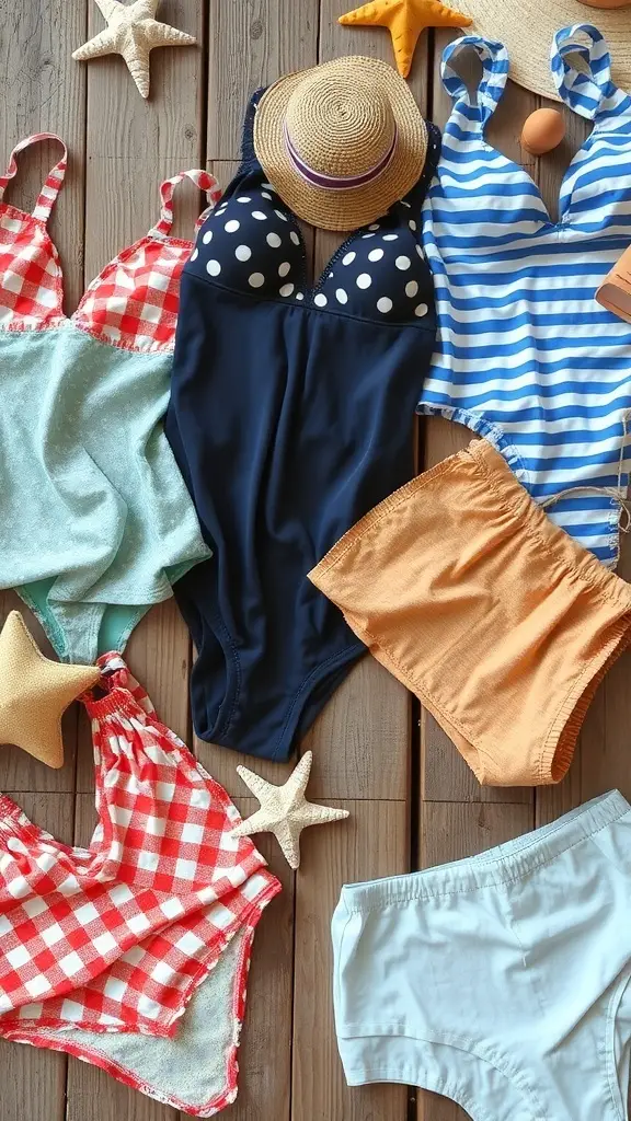 A collection of vintage swimwear including a polka dot one-piece, a red bikini, a striped top, and blue shorts, displayed on a wooden table.