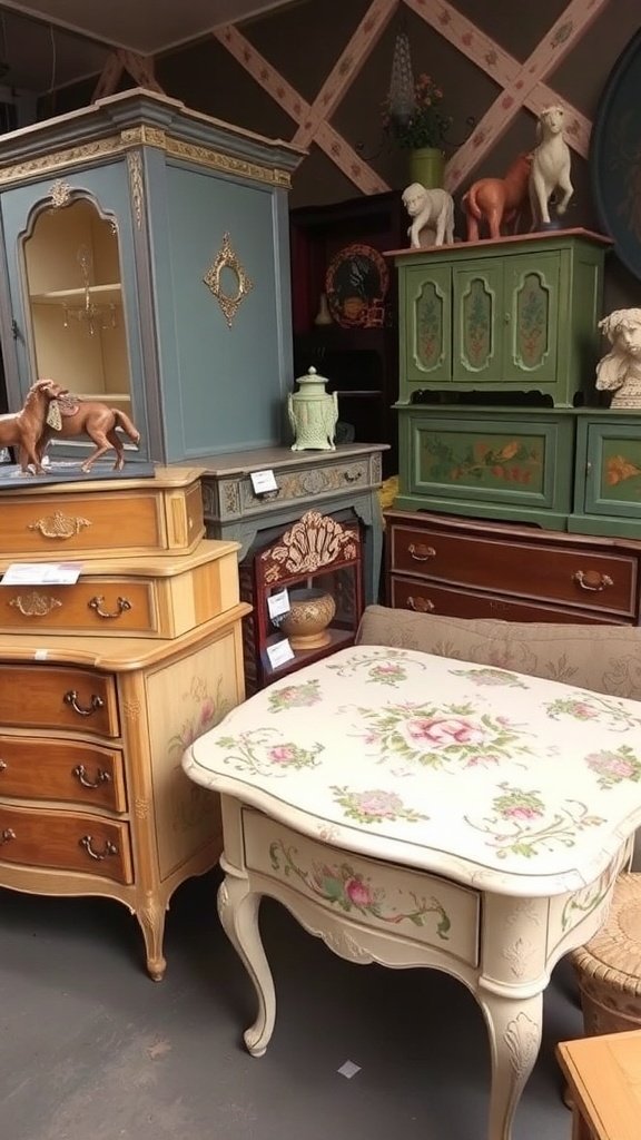 A cozy room featuring vintage hand-painted furniture, including a coffee table, armchair, and cabinets with unique designs.
