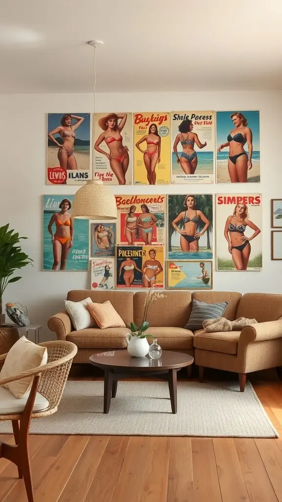 A collection of vintage swimwear advertisements displayed on a wall in a cozy living room setting.