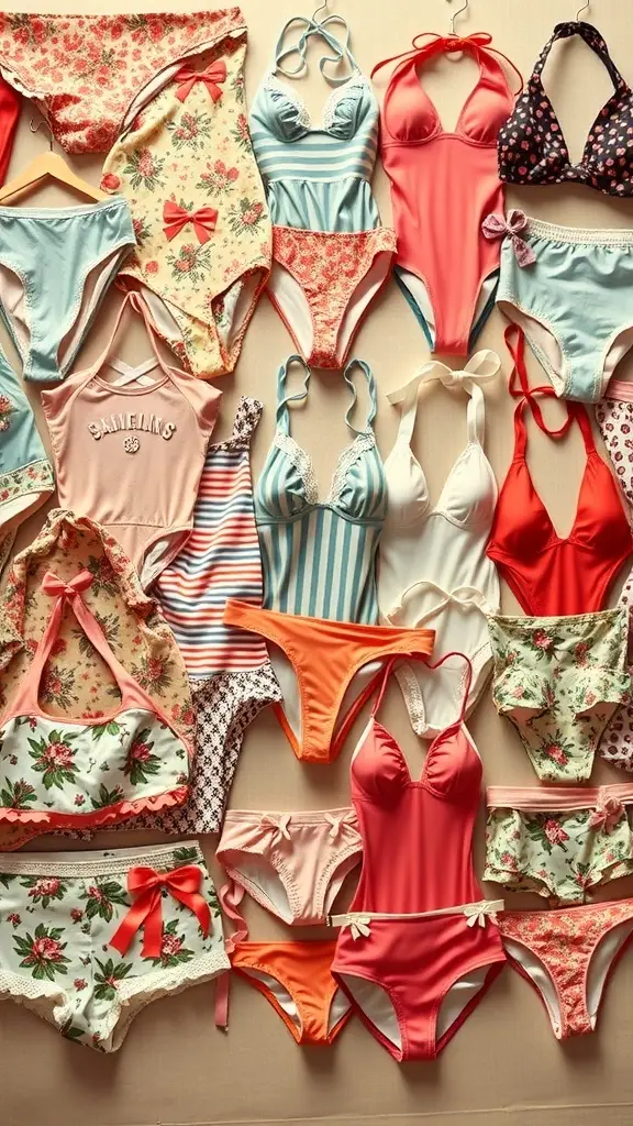 A collection of vintage swimwear featuring various patterns and colors, including floral prints, stripes, and solid colors.