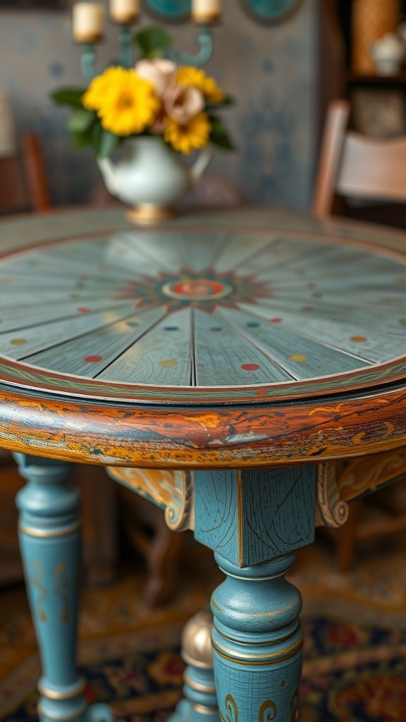A family gathered around a vintage hand painted dining table, enjoying each other's company.