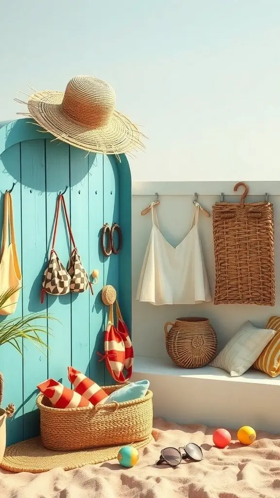 A collection of vintage swimwear displayed on a beach, featuring bright colors and playful patterns.