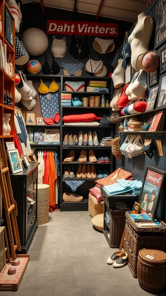 A cozy shop filled with vintage swimwear and accessories, showcasing colorful swimsuits and nostalgic decor.