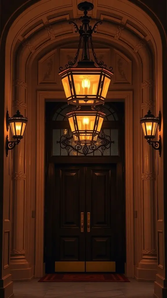 A grand entryway featuring a large central lantern and two smaller wall sconces, all glowing warmly against a beautifully detailed backdrop.