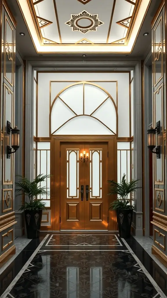 Art Deco inspired home entryway with golden doors and intricate design elements.