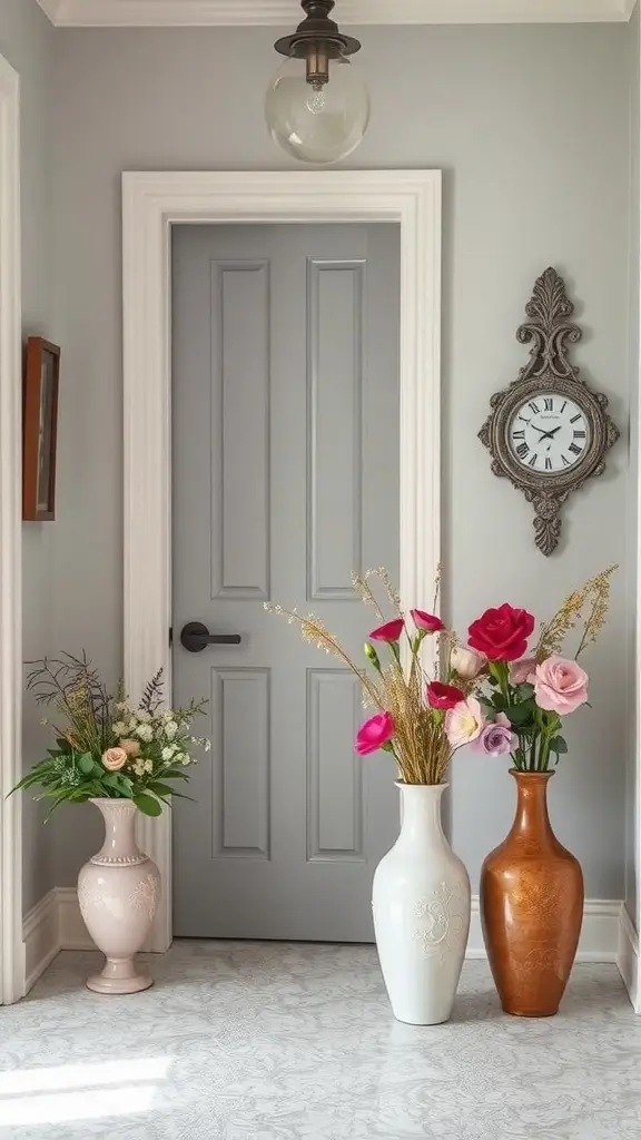 A stylish home entryway featuring various floral arrangements in unique vases.
