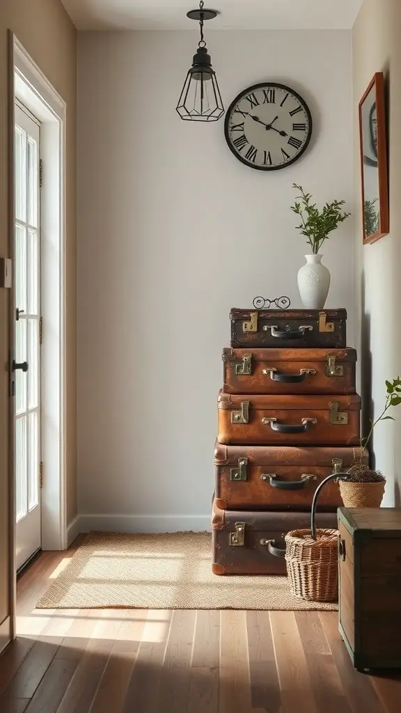 A vintage suitcase display in a home entryway, featuring stacked suitcases, a clock, and decorative plants.