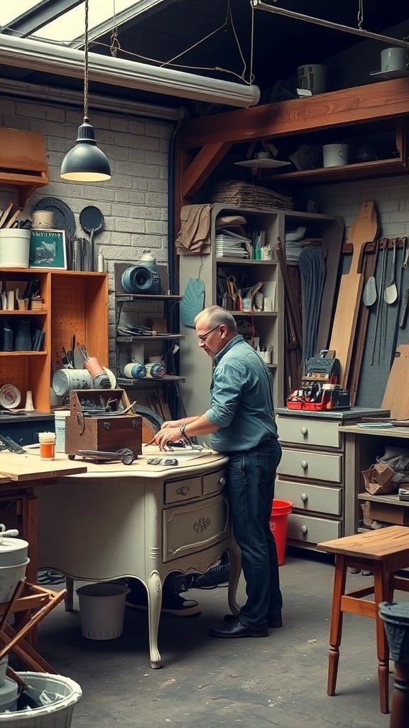 An artisan working in a workshop, surrounded by tools and vintage furniture.
