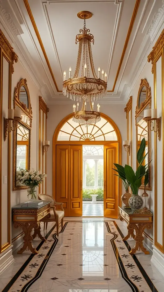 Luxurious home entryway with gold accents, chandeliers, and elegant decor.