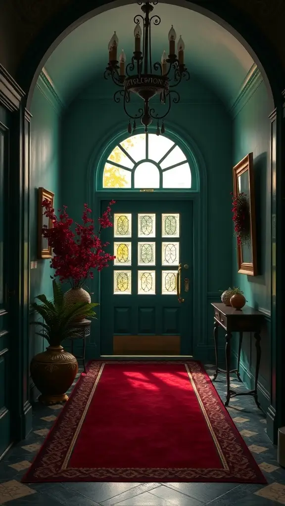A luxurious home entryway featuring rich jewel tones, including teal walls and a red rug.