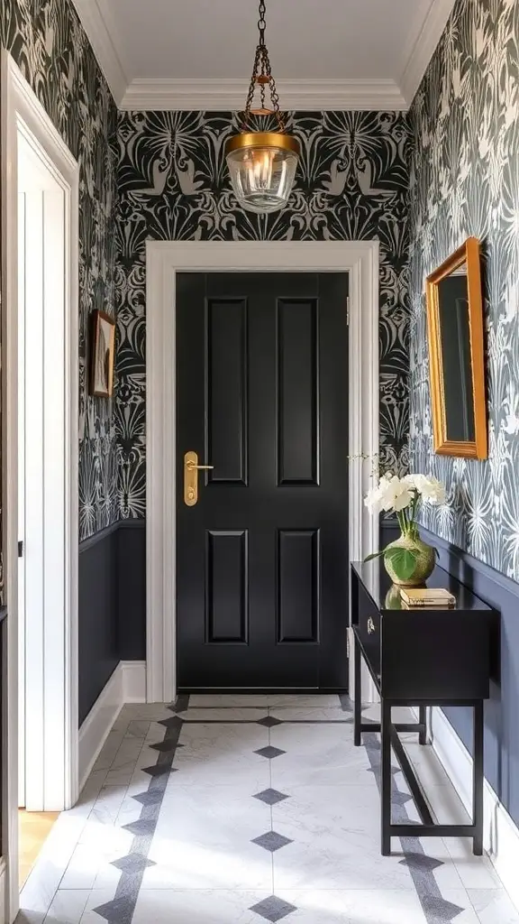 A hallway with bold blue wallpaper featuring an intricate pattern, showcasing a stylish home entryway.