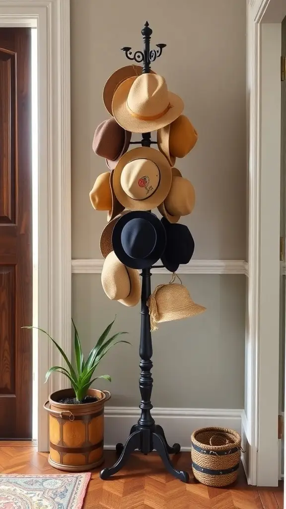 A vintage hat stand displaying various hats in a home entryway.
