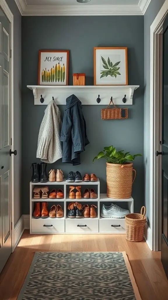 A stylish entryway featuring a shoe rack with various shoes, a wall shelf with framed art, and a cozy atmosphere.