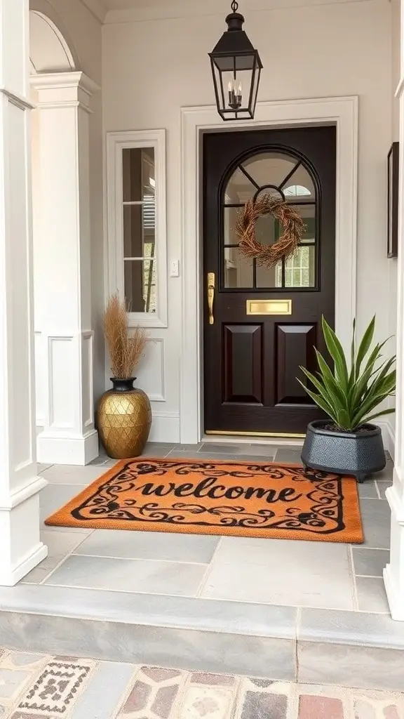 A stylish home entryway featuring a welcome mat, elegant door, and decorative plants.