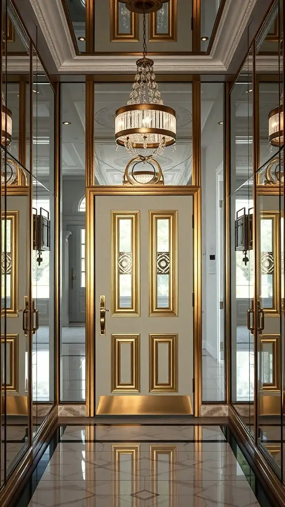 A luxurious home entry way featuring mirrored surfaces, a golden door, and a chandelier.