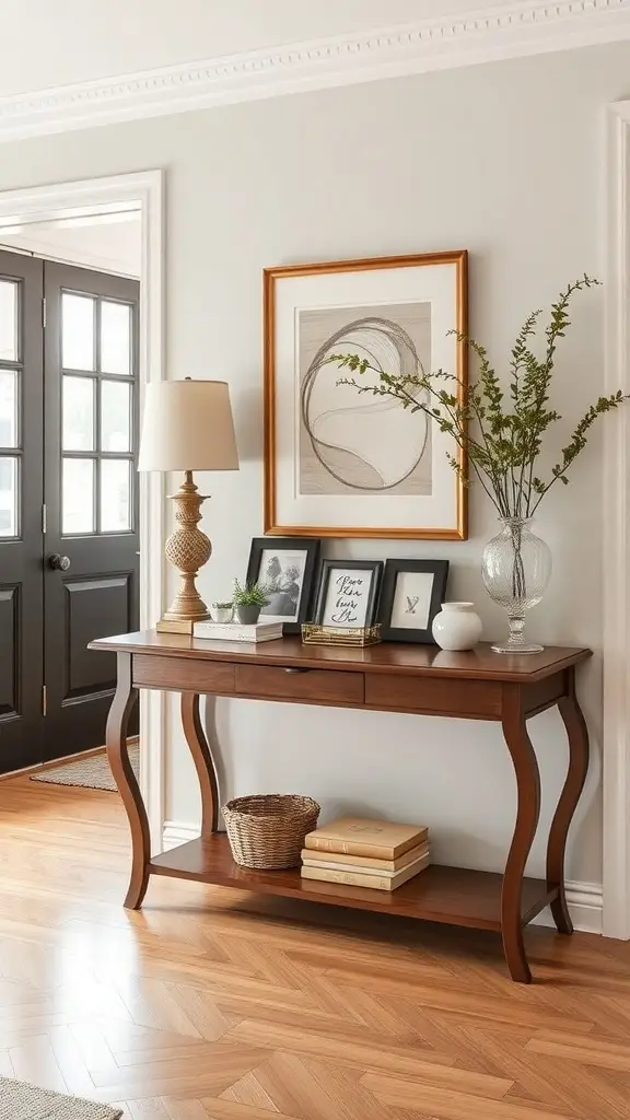 Chic console table with lamp, framed art, and decorative items in a home entryway.