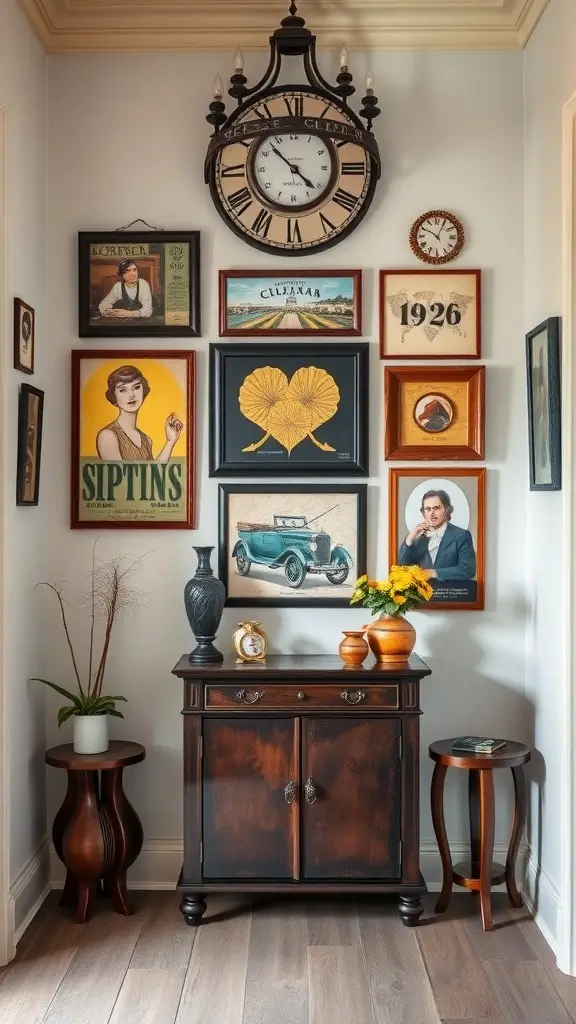A stylish home entryway featuring a variety of framed wall art, a vintage clock, and decorative furnishings.