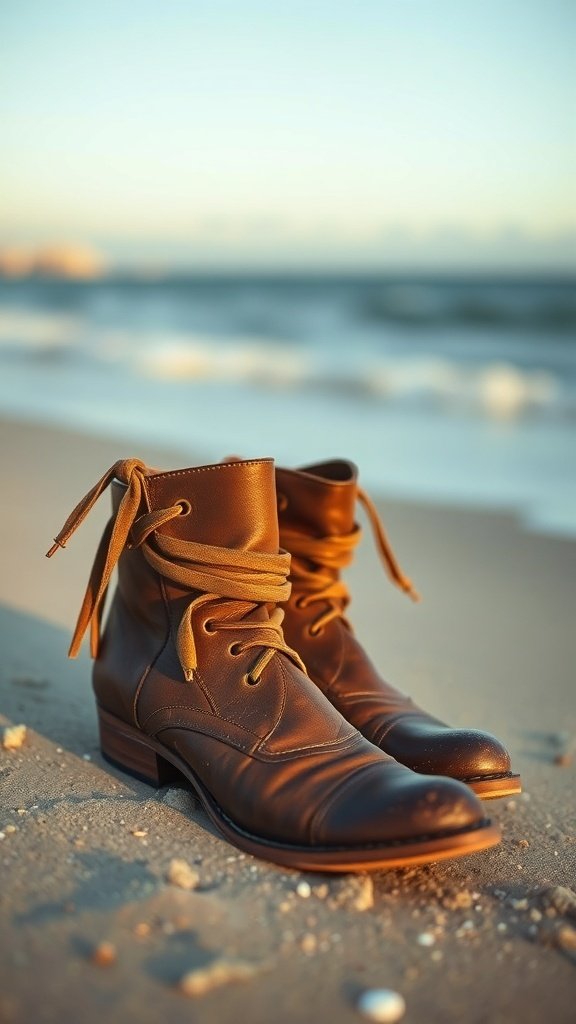 A pair of worn leather boots surrounded by leather care products on a wooden surface.