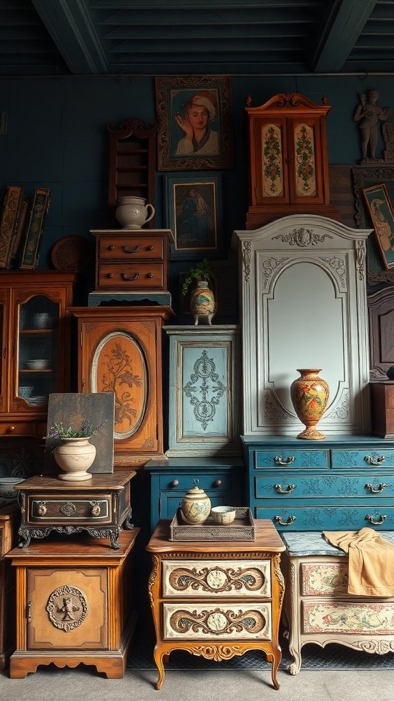 A collection of vintage hand-painted furniture showcasing various styles and colors.