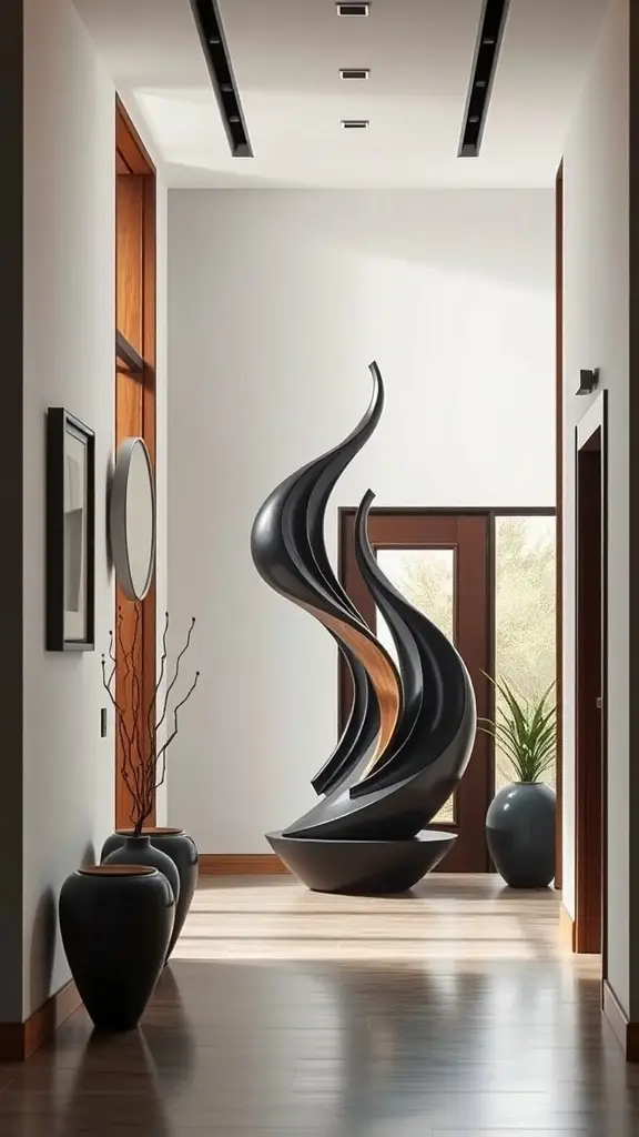 A modern sculptural piece in a home entryway, surrounded by vases and natural light.