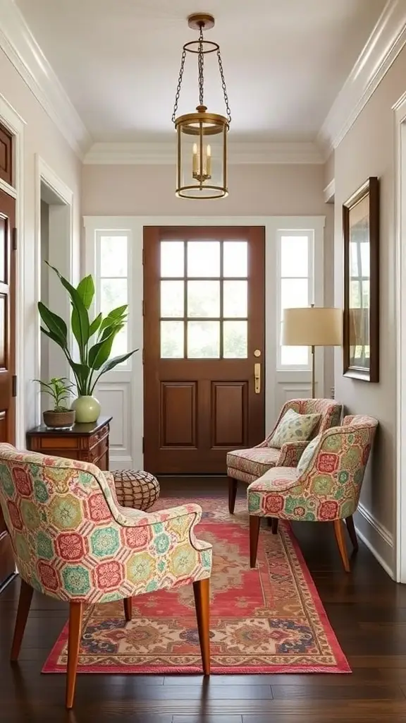A stylish entryway featuring colorful accent chairs and a small ottoman.