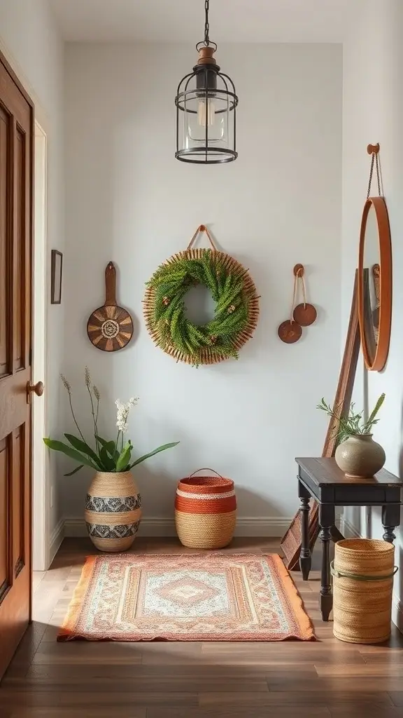 A cozy home entryway featuring artisan-crafted accessories, including a woven rug, hanging wreath, and decorative baskets.