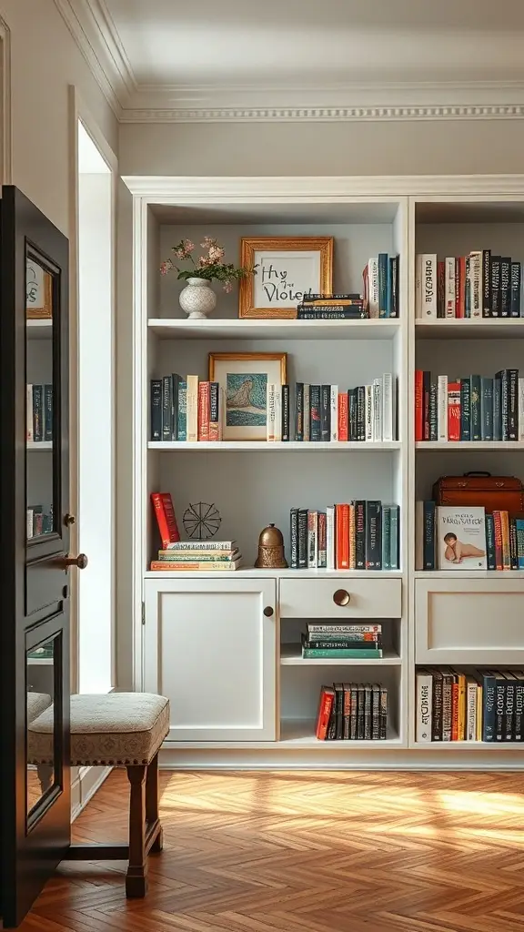 A stylish entryway bookshelf filled with colorful books, decorative items, and a small vase of flowers.
