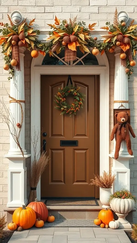A fall-themed home entryway with pumpkins, a wreath, and decorative foliage.