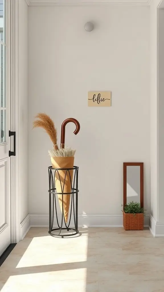 Stylish umbrella stand in a home entryway with a curved umbrella and decorative grasses.