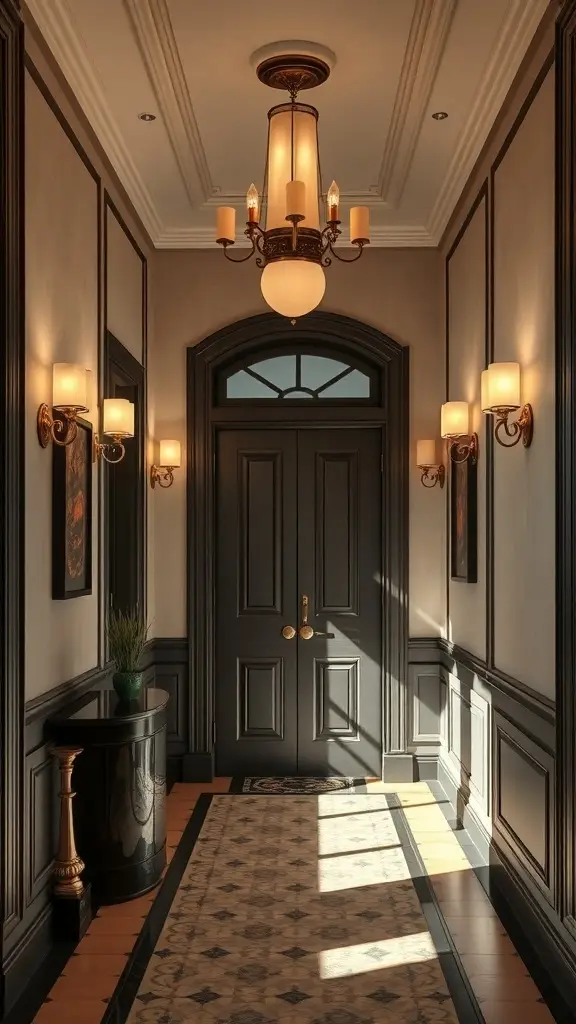 Elegant hallway with wall sconces and a chandelier, showcasing a luxurious entryway design.