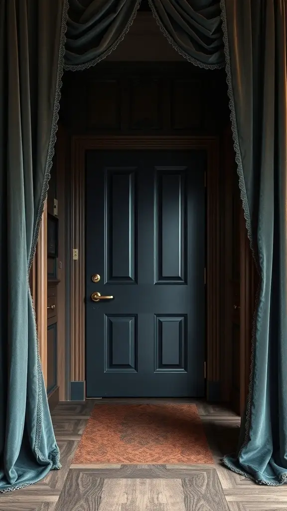 A luxurious home entryway featuring deep blue curtains framing a dark door, with a patterned rug on the floor.