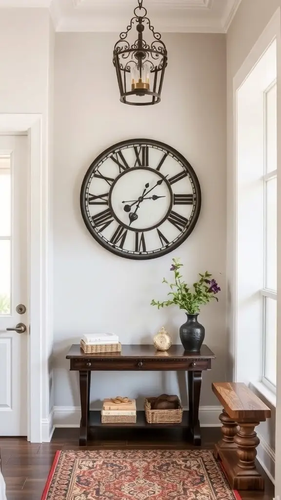 A vintage clock in a home entryway, featuring two clocks stacked, wooden finish, and decorative elements.